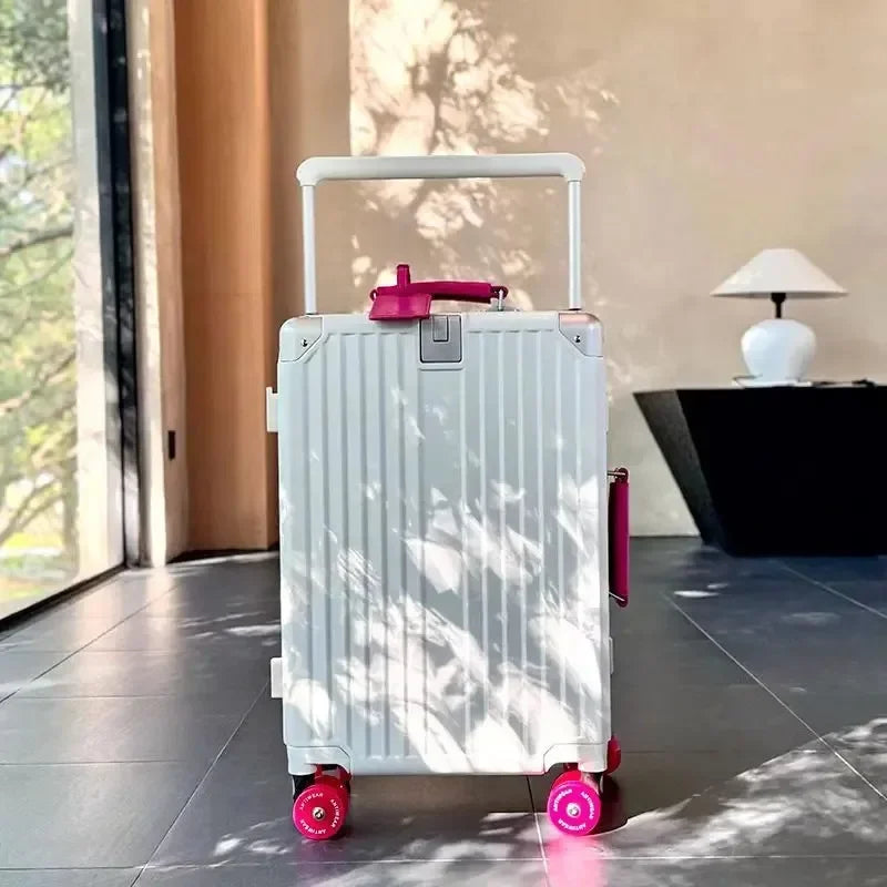 Aluminum Frame Wide Handlebar Rolling Luggage with Colorful Silent Spinner Wheels and TSA Lock Large Capacity Trolley Suitcase