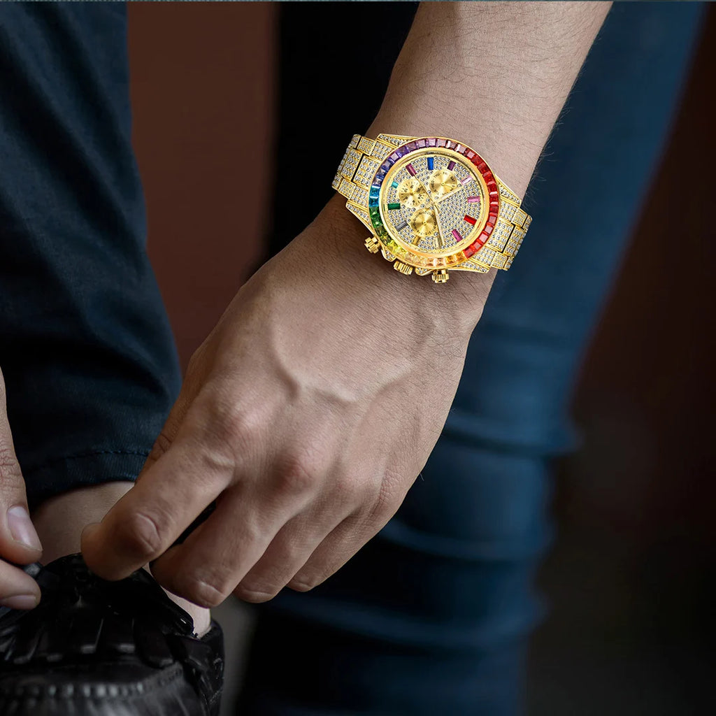 MISSFOX Men’s Luxury Bling Quartz Watch | 42mm, Calendar, 3ATM Water-Resistant, Gold-Tone Stainless Steel