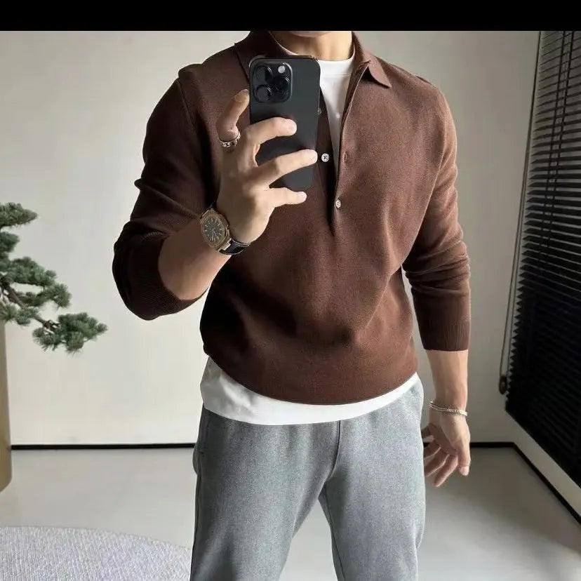 Men's Knitted Autumn Winter New Lapel Long-sleeved Slim Sweater Base Business Casual