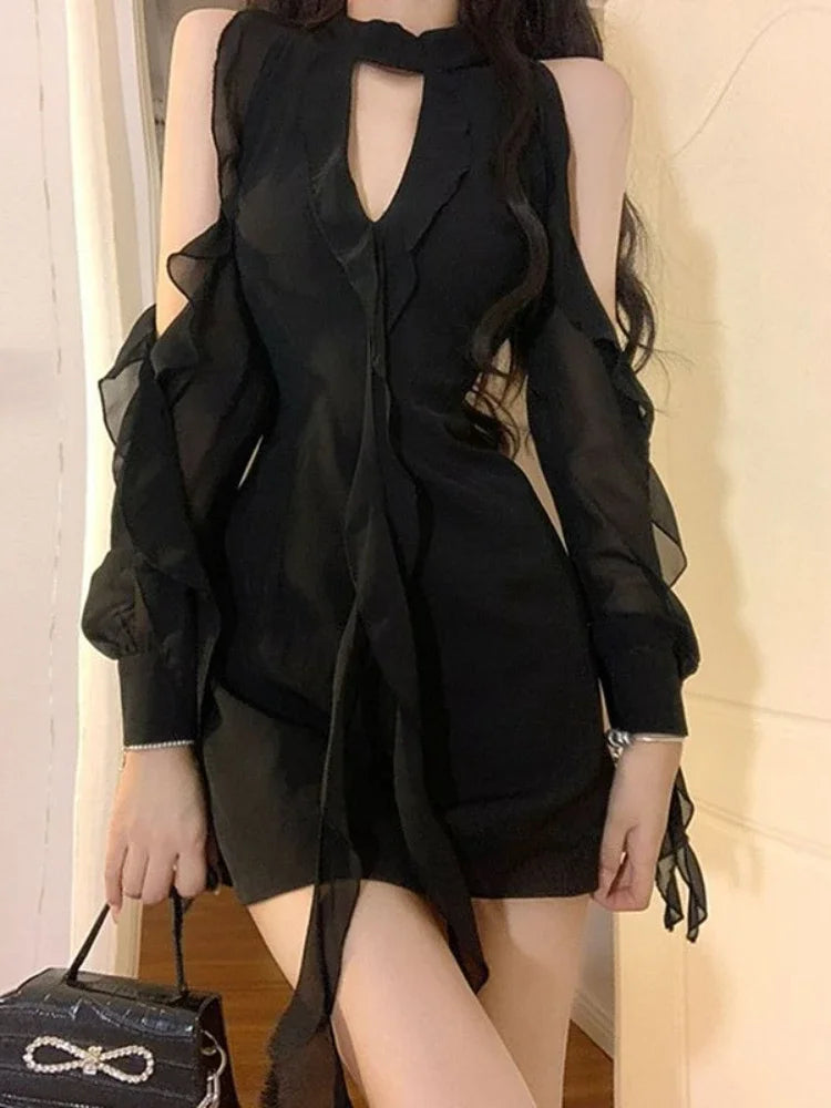 Korean Style Black Off-Shoulder Sexy Hollow-Out Dress for Women Spring Casual Temperament Fashion