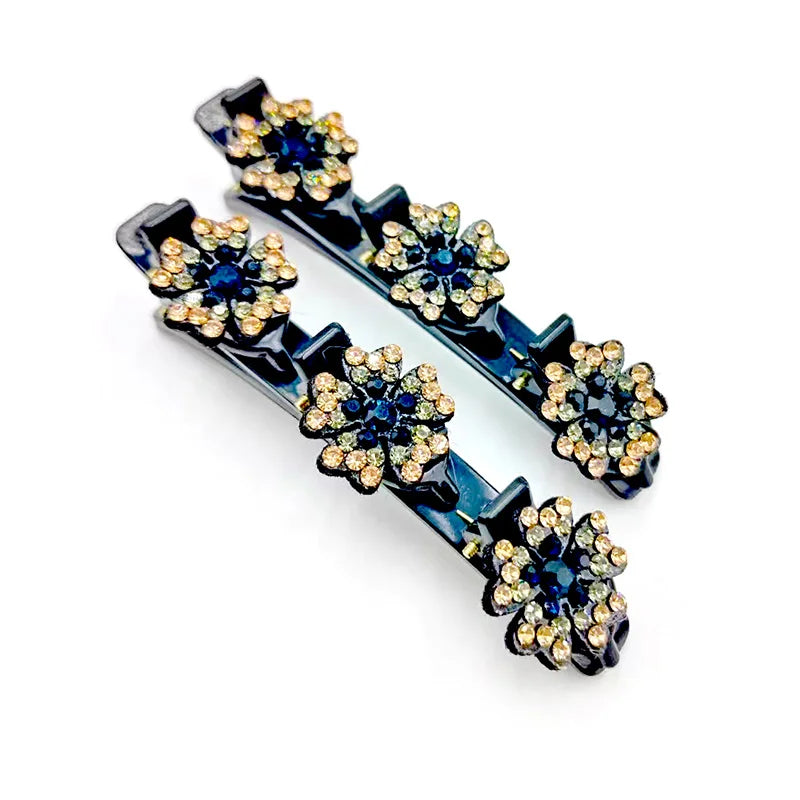 2Pcs/Set Rhinestone Flowers Hair Clip Fashion Double Layer  Braided Hairpins Women Headwear