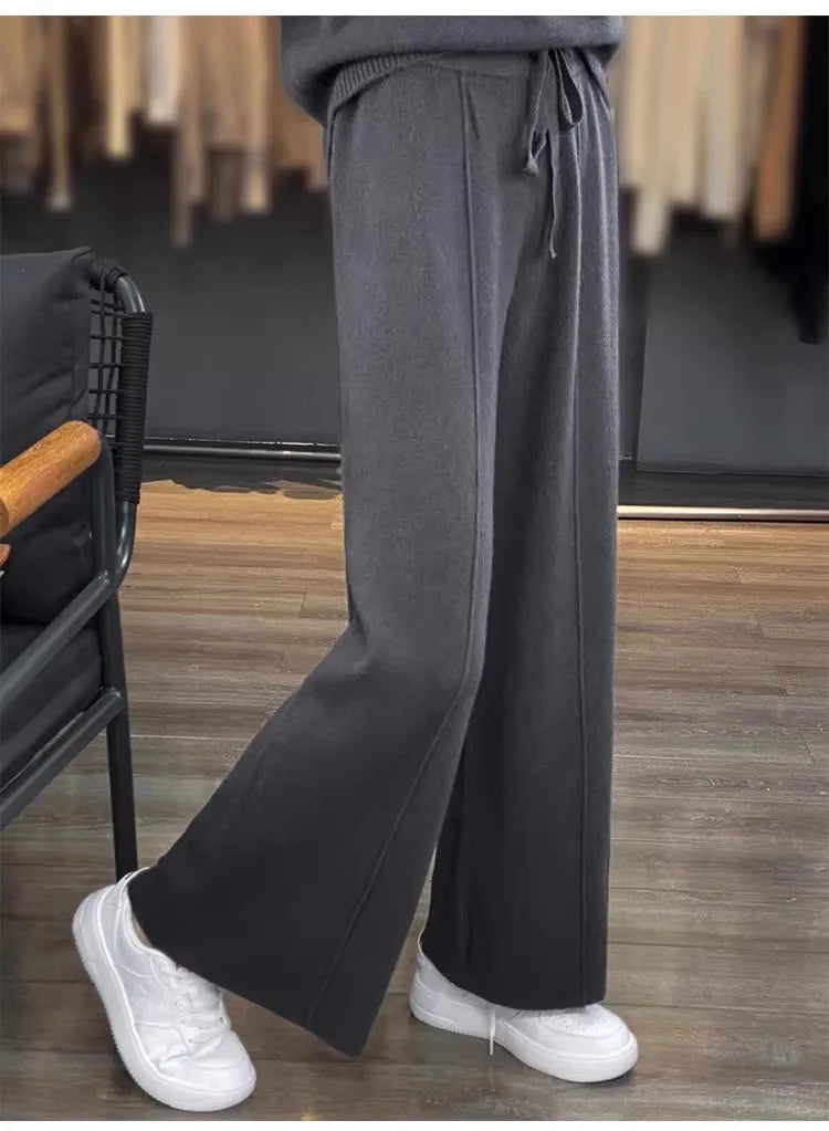 Women’s High-Waist Knit Wide-Leg Pants — Full-Length, Elastic Waist, Warm Stretch (Autumn/Winter, Korean Style)