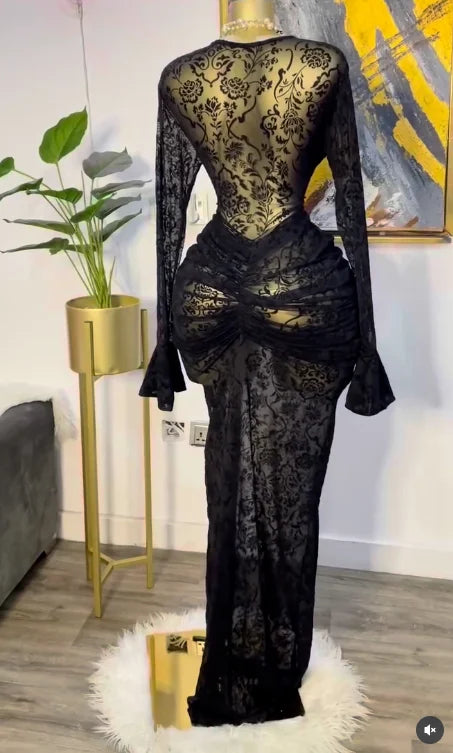 CM.YAYA Women Long Sleeve Stacked Mesh See Though with Lining Bodycon Long Dress 2025 Autumn Evening Birthday Sexy Party Dresses