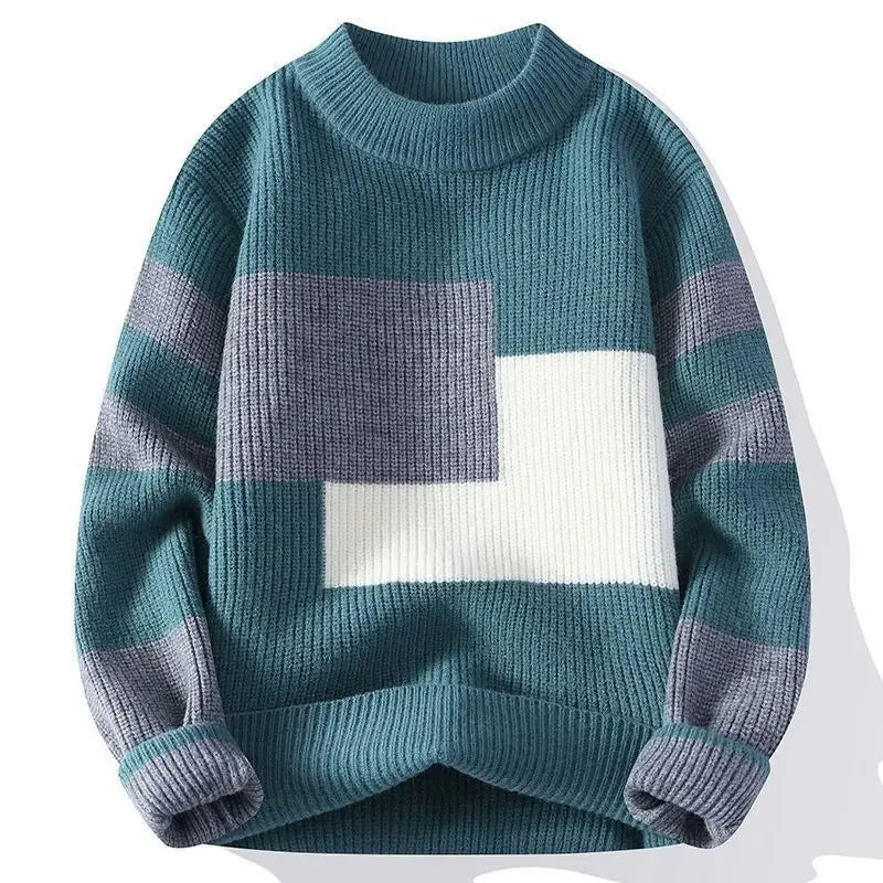 Autumn Winter New Men Sweater Mock Neck Patchwork Contrast Color Trend Youth Fashion Thicken Long Sleeve Pullovers Knitted Tops