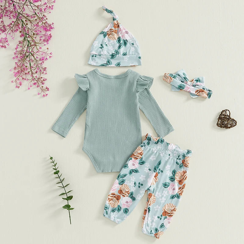 Baby Girls 4 Piece Outfit Letter Print Long Sleeves Romper and Floral Print Pants Headband Hat Set Cute Clothes