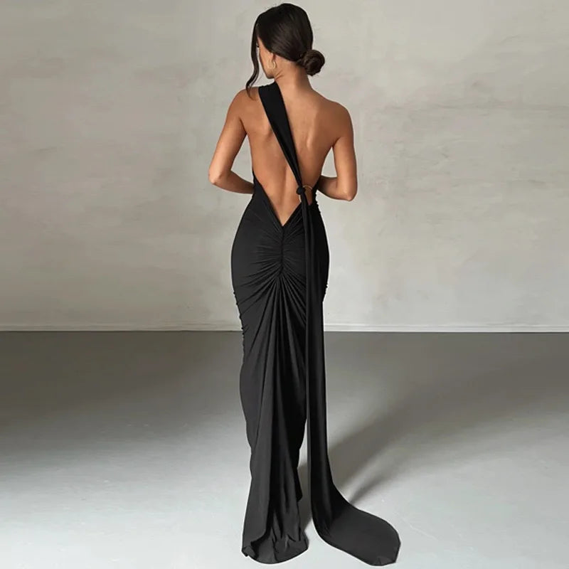 Women's One-Shoulder Sleeveless Maxi Dress Adjustable Scarf Loop Ruched Backless Bodycon Festival Party Outfit Elegant Long Gown