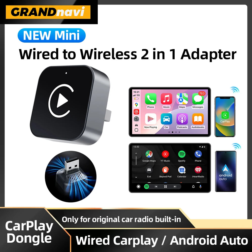 Grandnavi 2-in-1 Wireless CarPlay & Android Auto Adapter (2025 Mini USB Dongle)