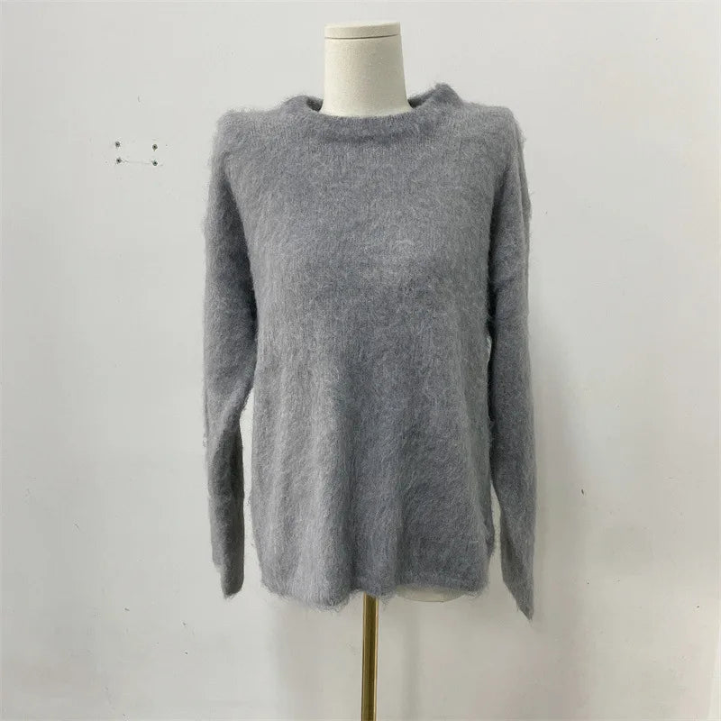 Women’s Oversized Fuzzy Knit Pullover – Solid Color Crewneck Sweater (Cozy “Lazy” Style)