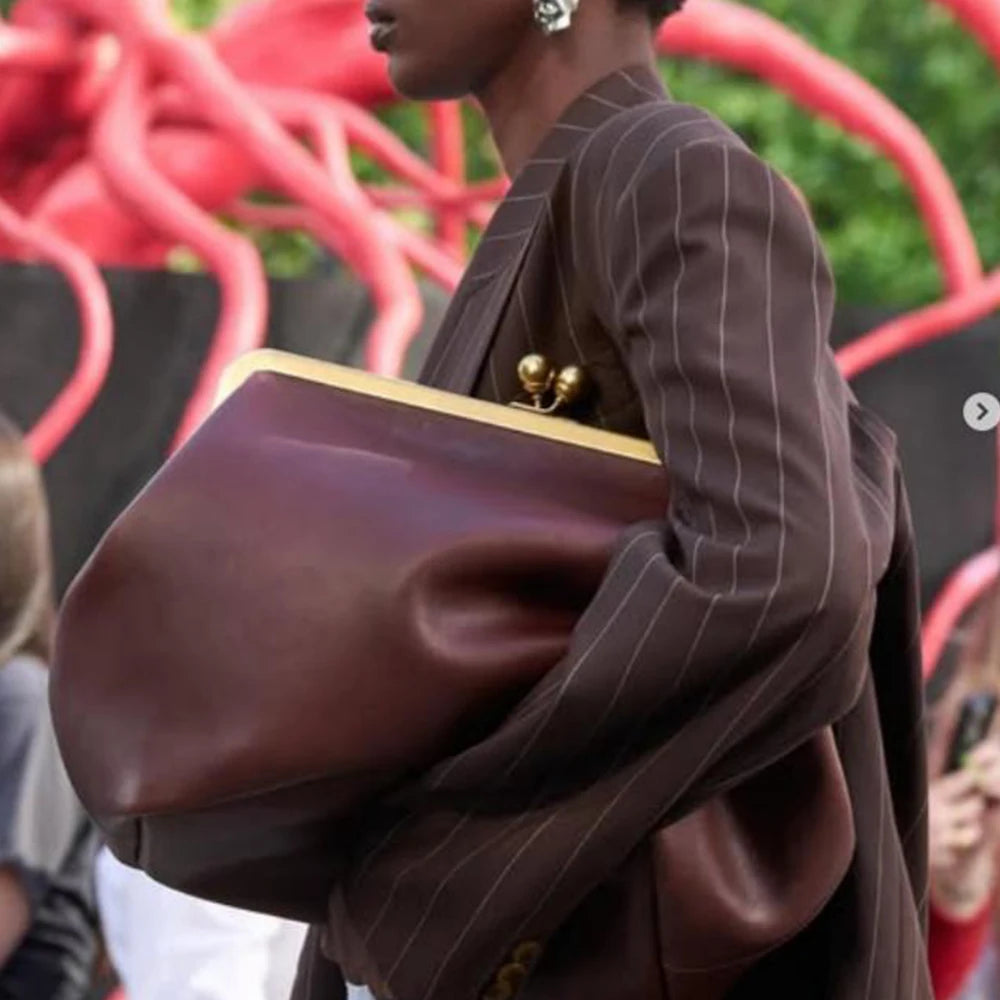 Fashion Large Kisslock Clutch Bag for Women Designer Clip Shell Women Shoulder Bags Luxury Soft Pu Leather Pink Color Handbags