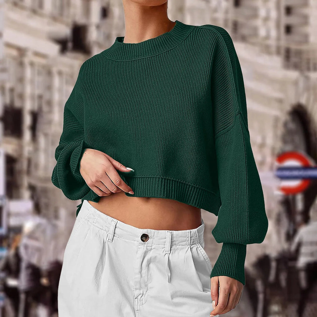 ZOMAXIUJEE 2024 Fall Cropped Knit Sweater – Crew Neck, Puff Sleeve, Oversized Pullover for Women