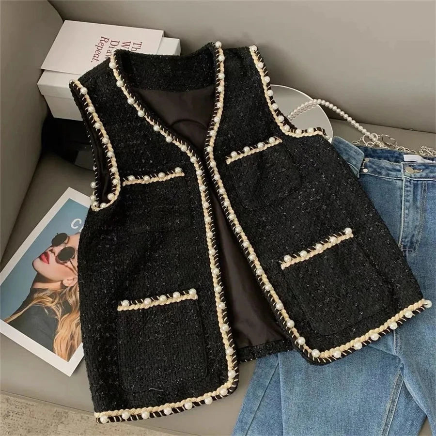 Women’s Tweed Plaid Vest – Wool-Blend Waistcoat with Pearl Buckle, Sleeveless Jacket (Vintage Korean Style, Spring/Fall)