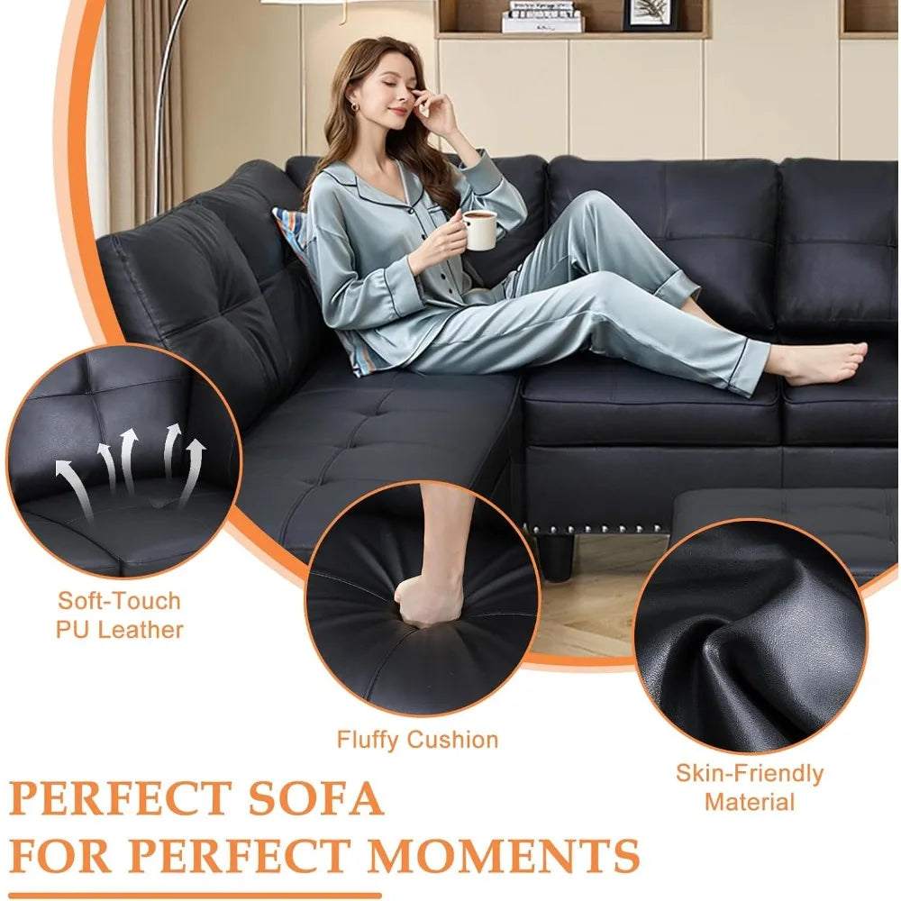 Sectional Sofa Couch, Modern 4-Seaters Living Room Furniture Sets with Chaise Lounge, Ottoman & 2 Pillows | L Shape Couch