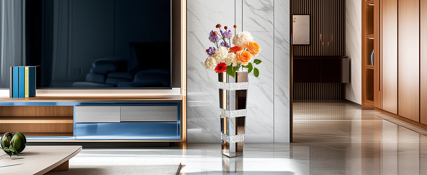Mirrored Crystal Floor Vase – Silver