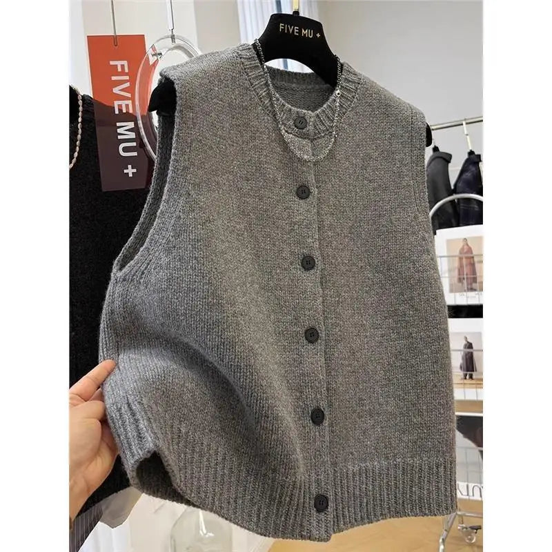 Women Sweater Vests Casual Loose Basics Solid Buttons Knitwear Sleeveless Female Bottom Sweater Vintage Simple Simple Tank Tops