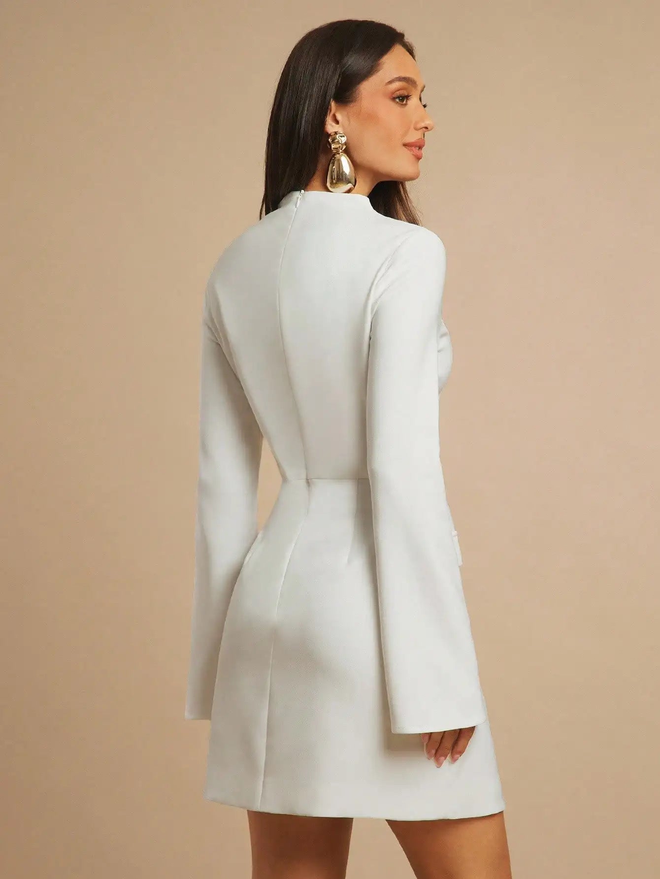 White Long Sleeve Mini Dress with Flared Sleeves and Decorative Pockets, Office Elegant Business Casual