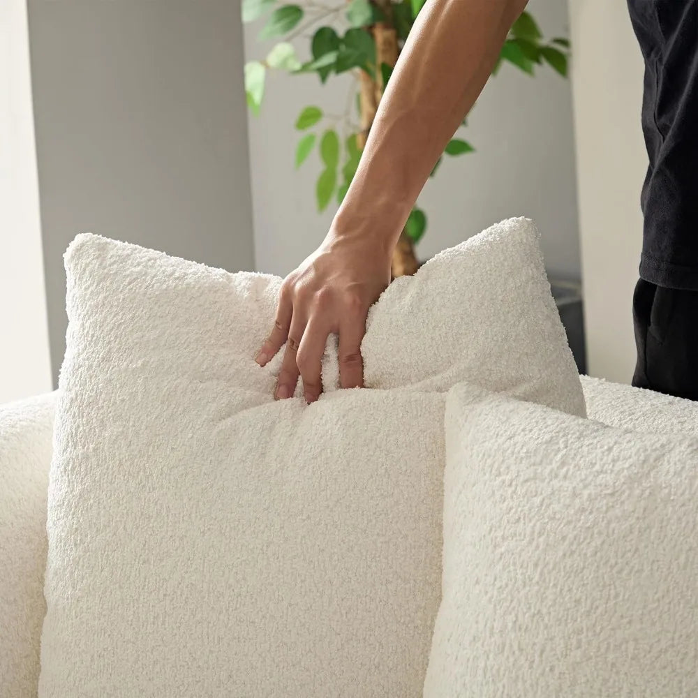 Contemporary 4-Seat Curved Sectional Sofa with Boucle Fabric and Pillows, Wooden Legs Living Room Furniture