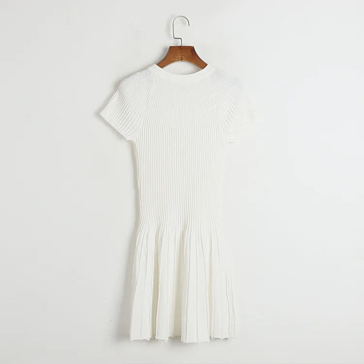 Ribbed Knitting A-line Short Dress Chic Elegant Slim Summer Dress 2025 Short Sleeve Round Neck Fashion New Dresses Vestidos