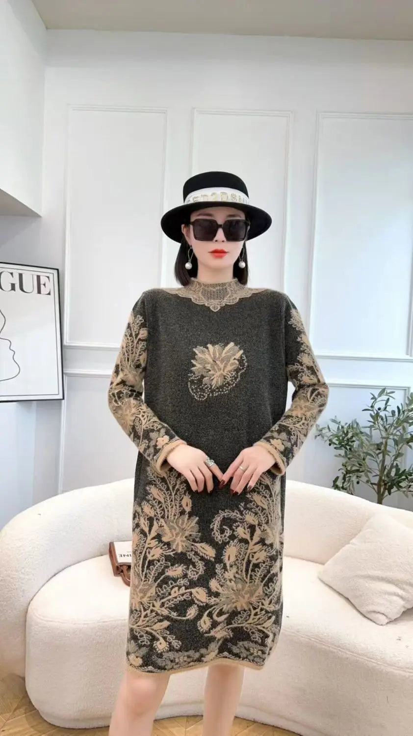Autumn Winter Women Vintage Ethnic Style Flower Pockets Knitted Dresses Ladies Half High Collar Long Sleeve Loose Sweater Dress