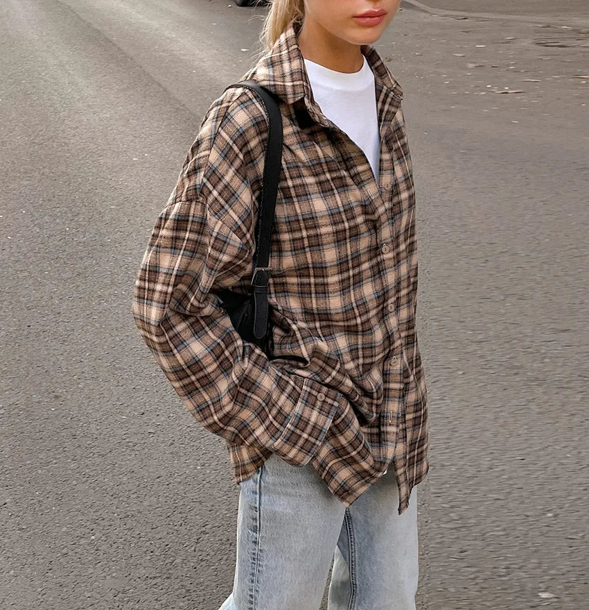 Spring Autumn Vintage Plaid Checkered Shirt Women's Long Sleeve Blouse Loose Single Breasted Casual Shirt