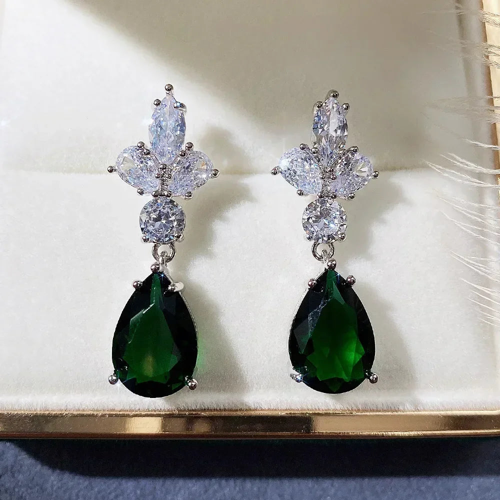Green Crystal Drop Earrings | Elegant Zirconia Luxury Jewelry for Women