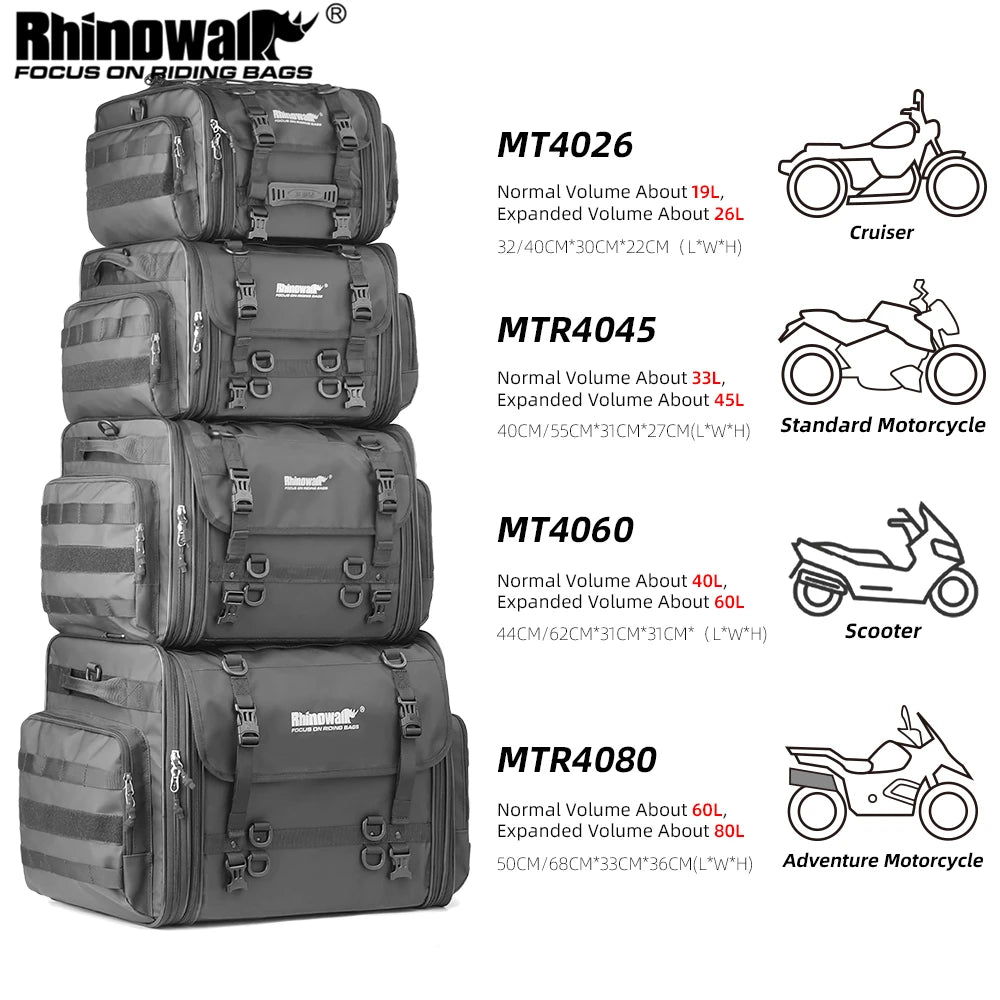 Rhinowalk Motorcycle Travel Luggage Bag Waterproof 19L-80L Expandable Big Capacity Motor Tail/Trunk/Rack Bag For Most motorcycle