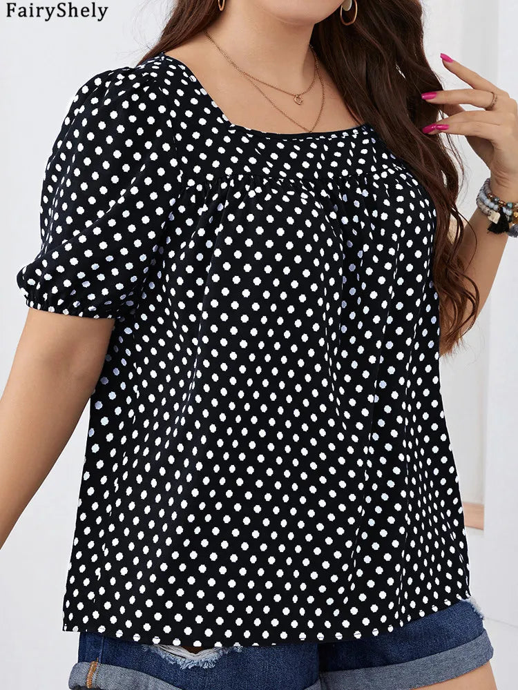 FairyShely Plus Size Square Collar Summer Top – Elegant Short Sleeve Casual T-Shirt for Women