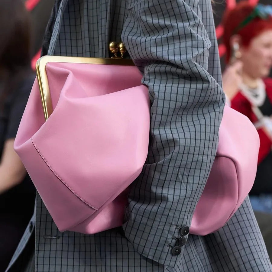 Fashion Large Kisslock Clutch Bag for Women Designer Clip Shell Women Shoulder Bags Luxury Soft Pu Leather Pink Color Handbags