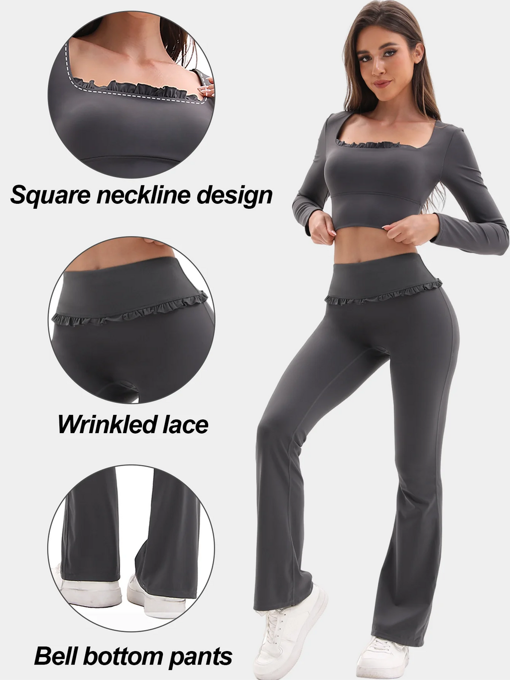 FrillFlow™ 2-Piece Yoga Set — Tummy-Control Flare Pants & Long-Sleeve Top