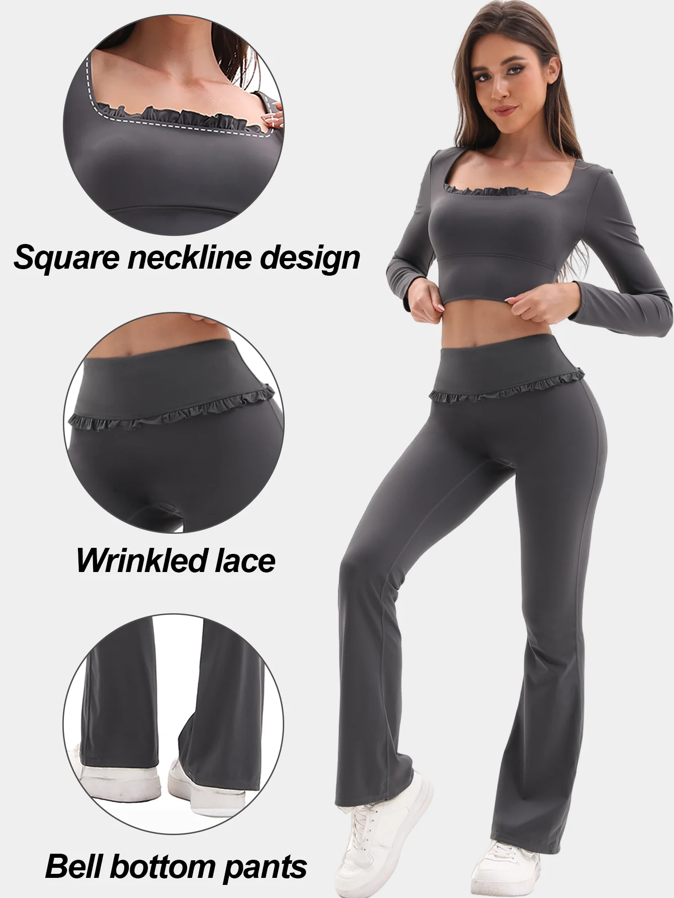 FrillFlow™ 2-Piece Yoga Set — Tummy-Control Flare Pants & Long-Sleeve Top