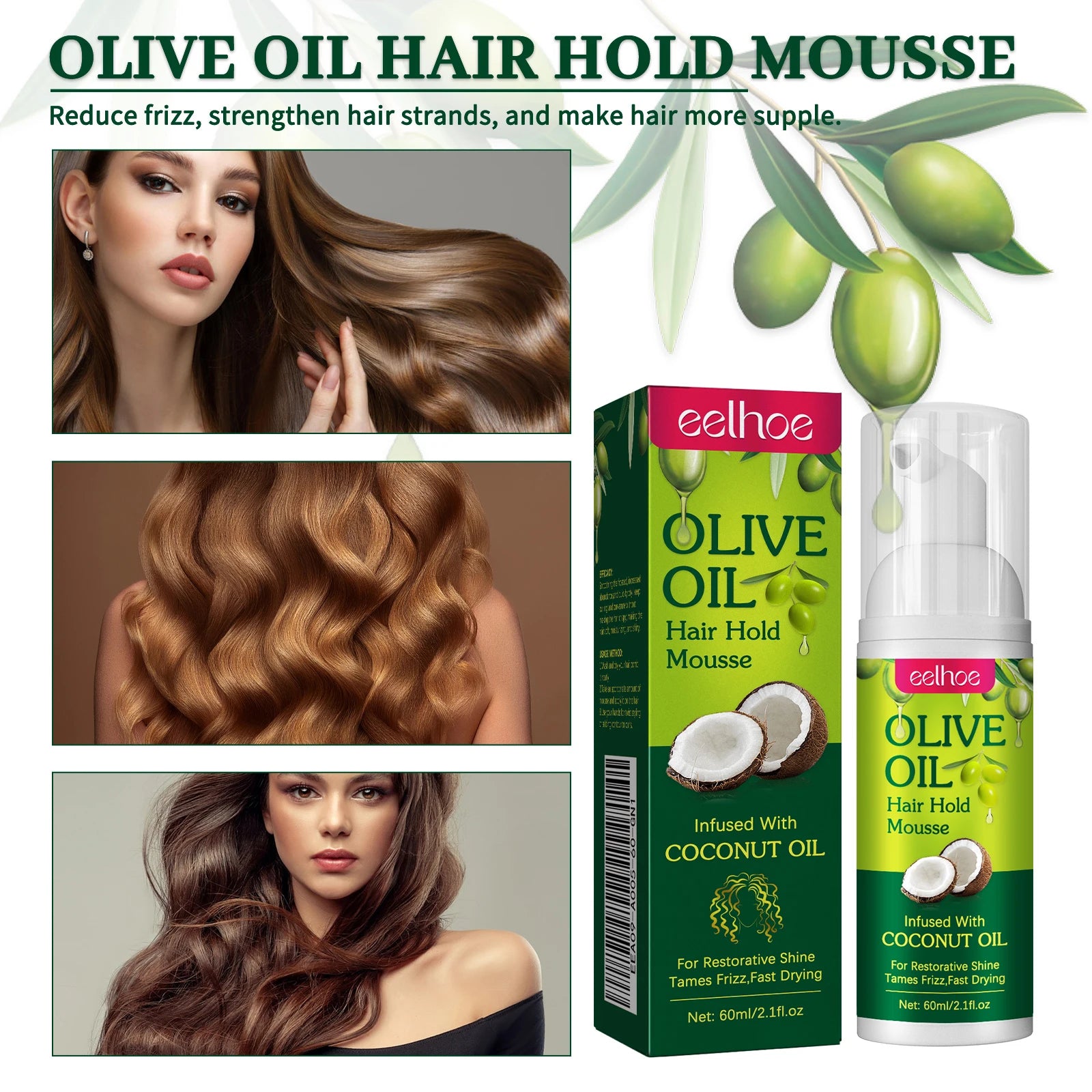 EELHOE Olive Oil Hair Hold Mousse — Anti-Frizz, Curl Defining & Nourishing Styling Foam (60 ml)