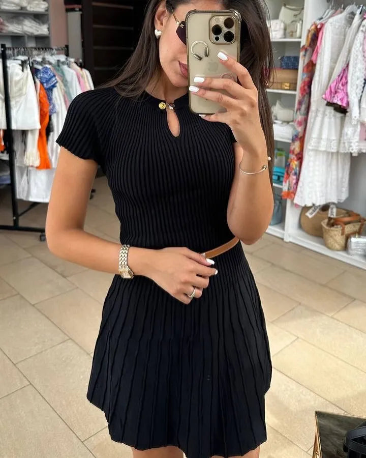 Ribbed Knitting A-line Short Dress Chic Elegant Slim Summer Dress 2025 Short Sleeve Round Neck Fashion New Dresses Vestidos