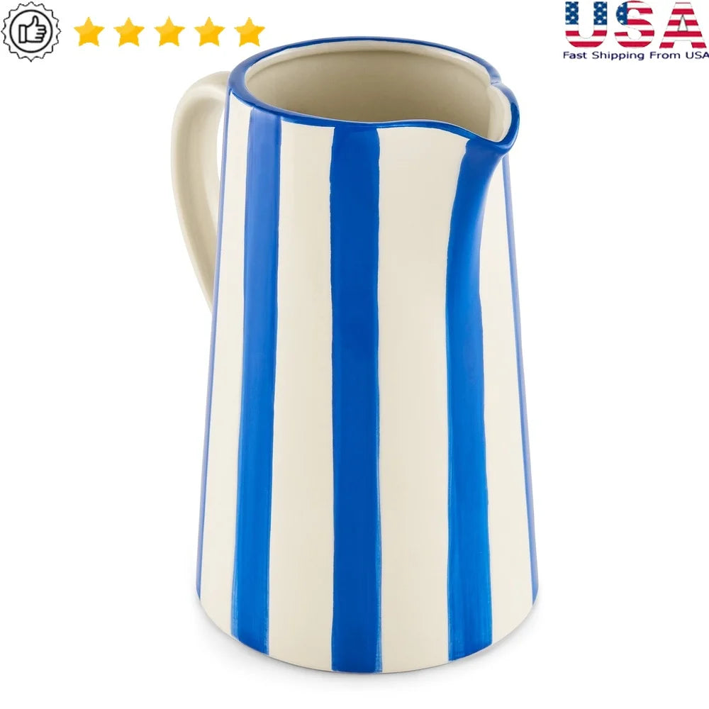 Handcrafted Ceramic Blue Stripe Pitcher Vase – Elegant Home Decor