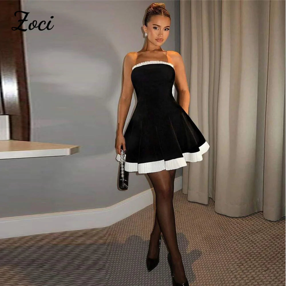Zoci Customized Velvet Mini Black White Short Prom Dresses Strapless Girl Dance Dress Cocktail Party Formal Homecoming Gowns
