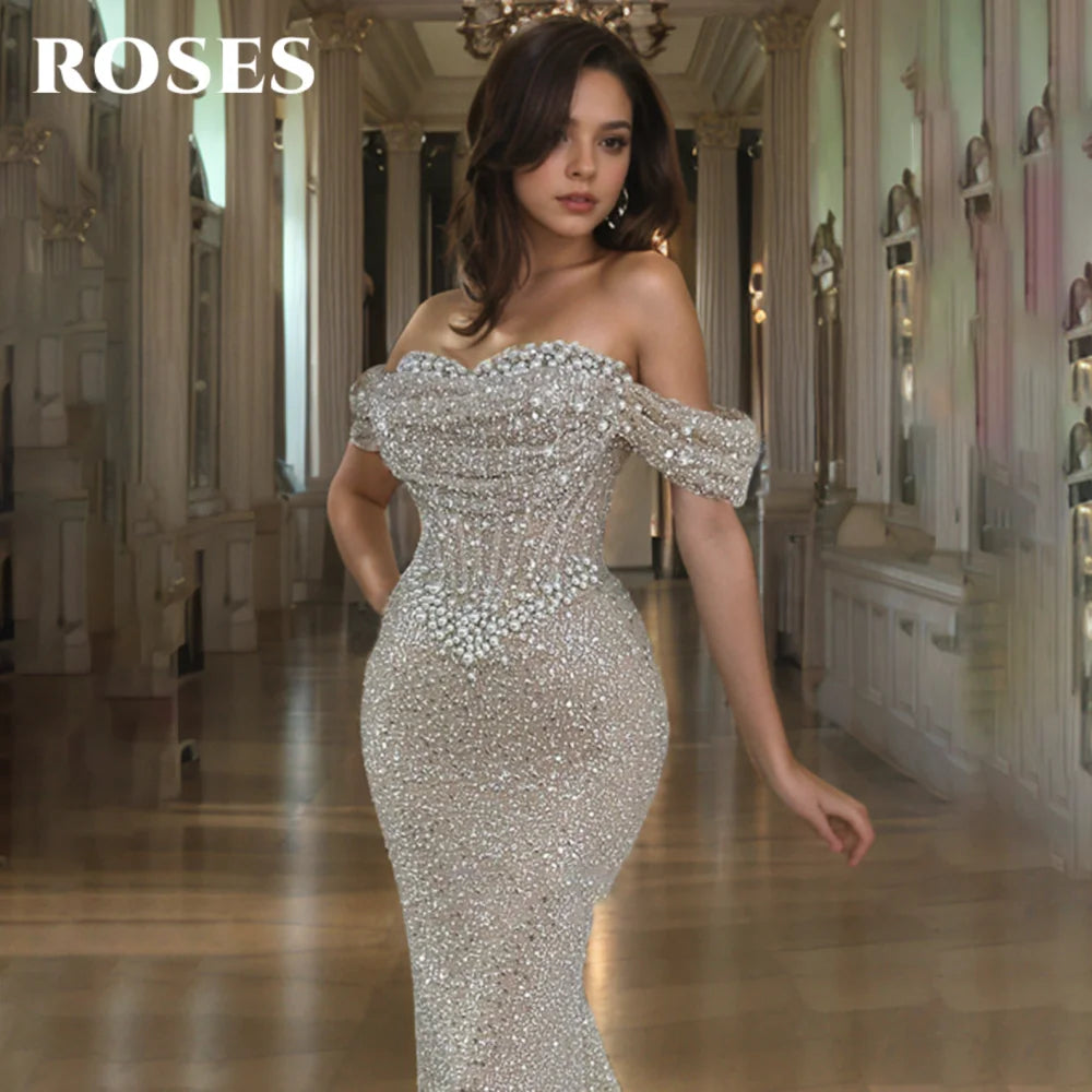 ROSES Pearl Gorgeous Prom Dress Sweetheart Off the Shoulder Hollow Prom Gown with Fishbone Shiny Sequins Formal Gown Customized