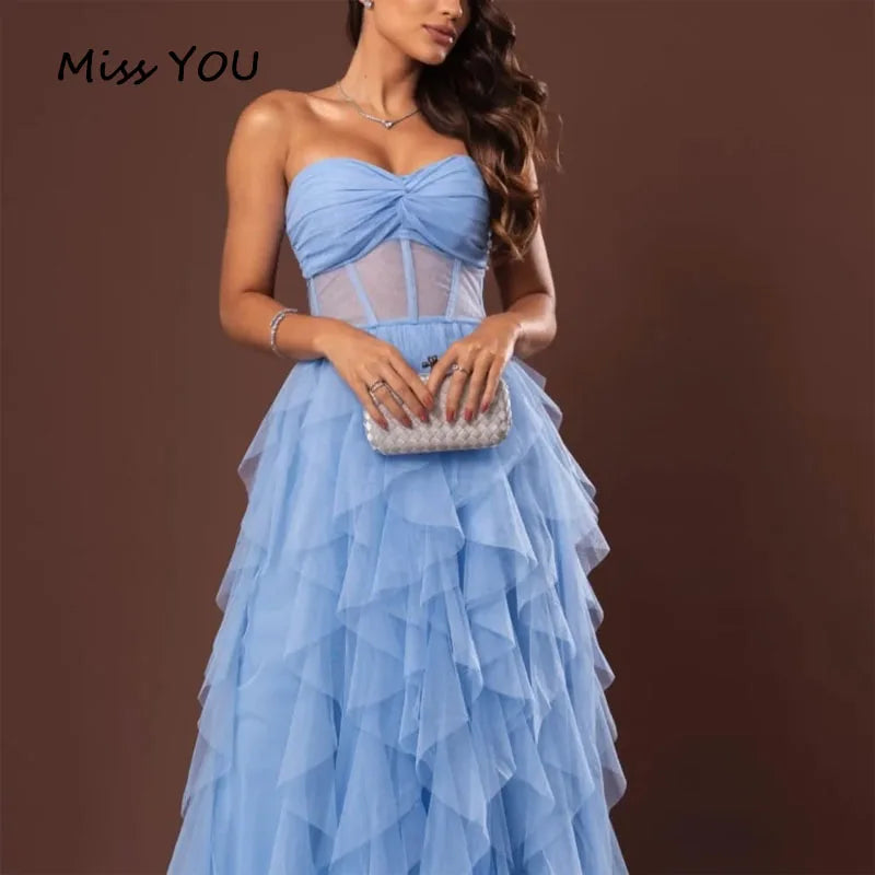 Customized Prom Dress L  A-line Mesh Fabric Multi-Layered robes de soirée Strapless Party Dresses Floor-Length Side Slit