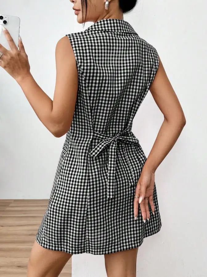 French Retro Plaid Dresses Women Summer New  Sleeveless Round Neck Button Up Cocktail Dress Female Bodycon Dresses Vestidos