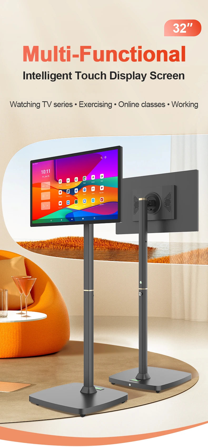 32 Inch Movable With Stand Smart Home Business TV Wireless Smart TV With Rotating Wheels Touch Screen Portable TV﻿