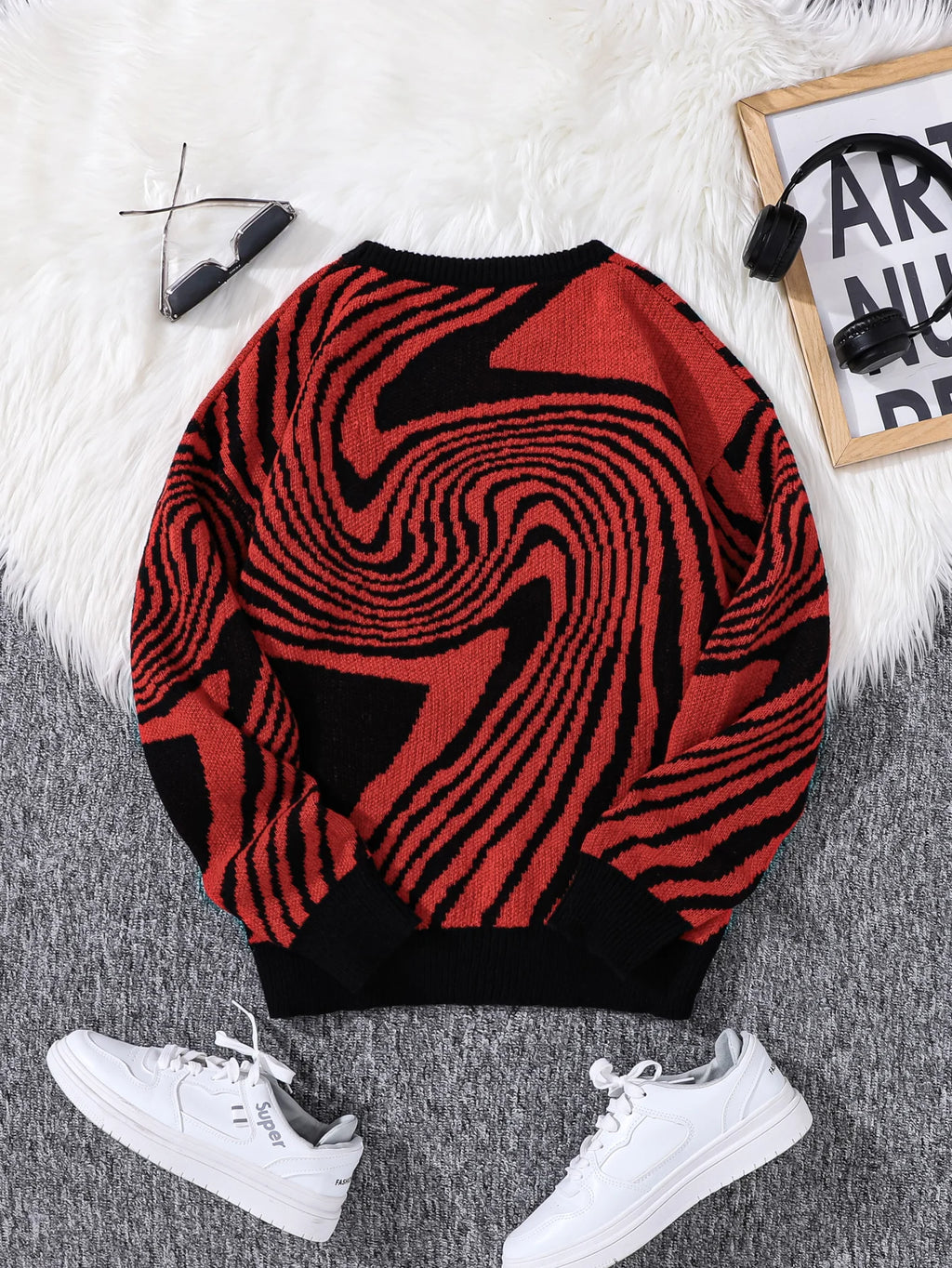 New Popular Autumn and Winter Maze Jacquard Pattern Pullover Sweater Casual Round Neck Contrast Color Knitted Men's Pullover