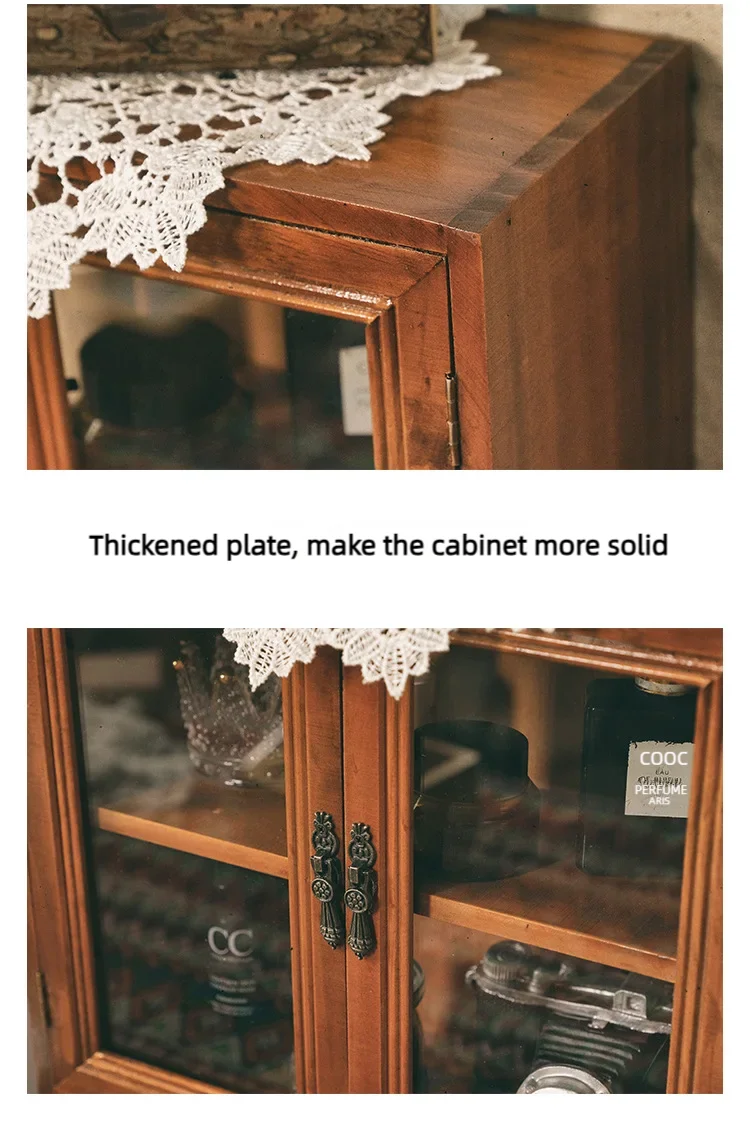 Nordic solid wood retro wooden double door display cabinet miscellaneous cosmetics storage cabinet drawer desktop storage box