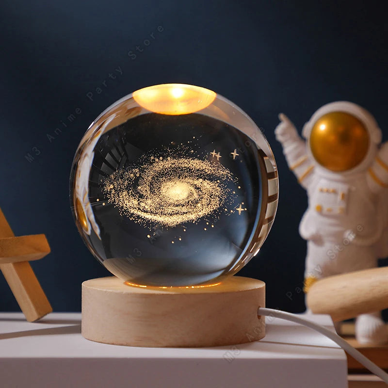 3D Planet Crystal Ball Night Light — USB Powered, Mini 5 cm Glass Globe with Wooden Base