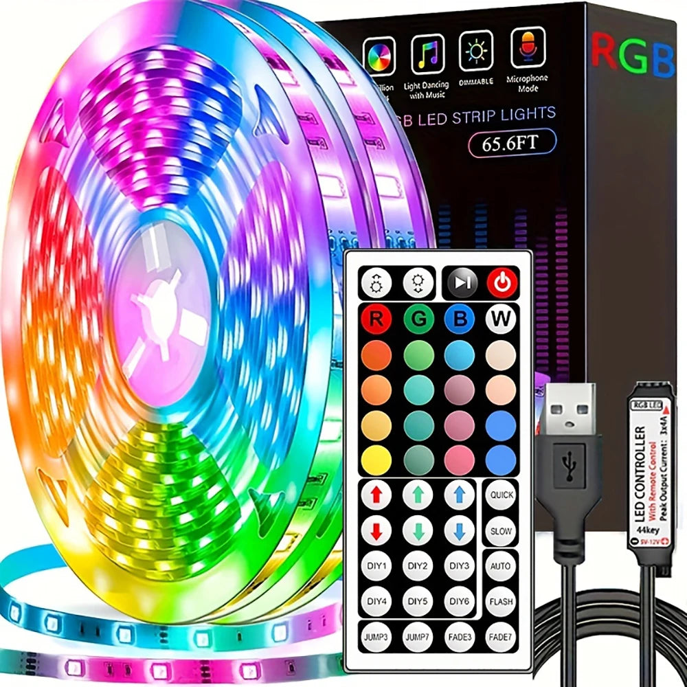 RGB LED Strip Lights with 44-Key Remote Control (1m–20m) – Color-Changing Tape Light for Bedroom, Living Room, Party, or TV Backlight