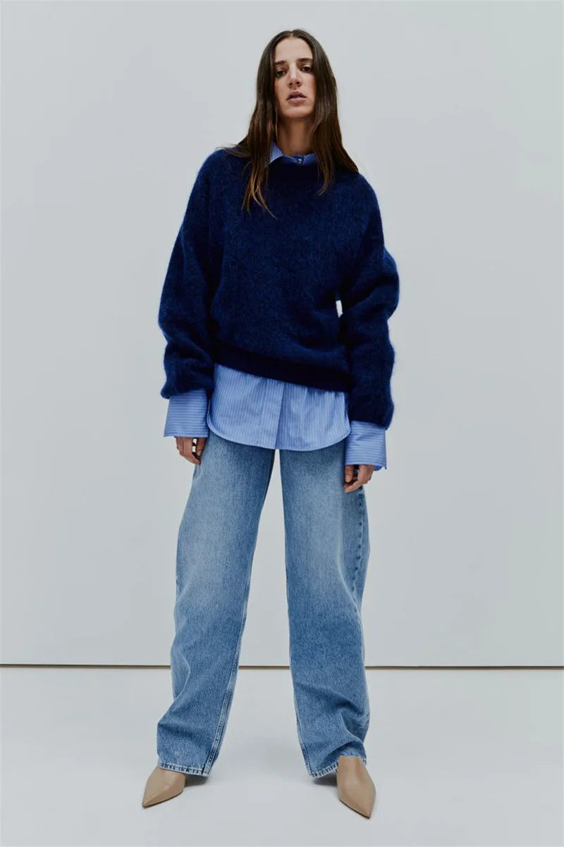 Women’s Oversized Fuzzy Knit Pullover – Solid Color Crewneck Sweater (Cozy “Lazy” Style)