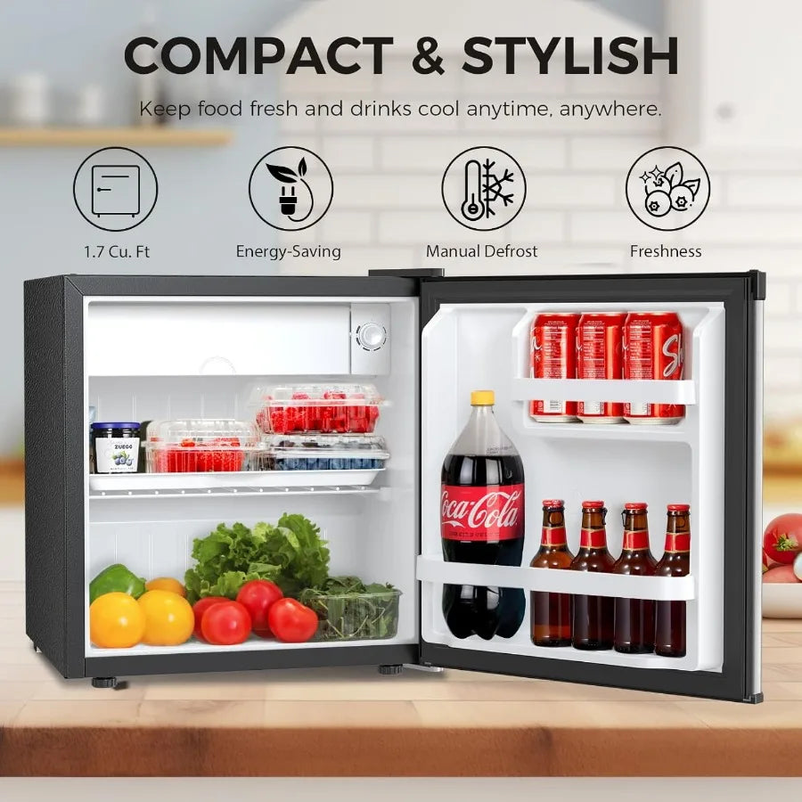 1.7 Cu.Ft Compact Refrigerator with Freezer Featuring Adjustable Thermostat Removable Glass Shelf and Single Reversible Door Id