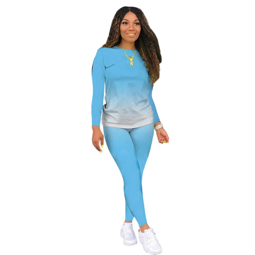 Plus size European and American cross-border spring and autumn new round neck gradient long sleeve trousers casual suit