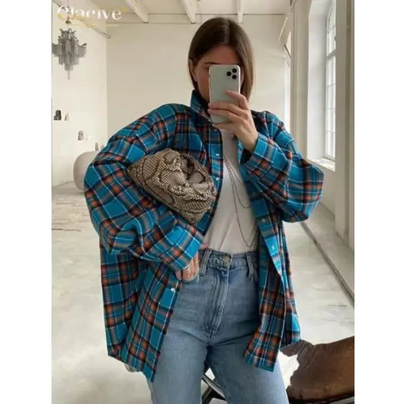 Fashion Baggy Plaid Women'S Blouse Elegant Lapel Long Sleeve Shirts And Blouses Vintage Pocket Lace-Up Top Female 2025