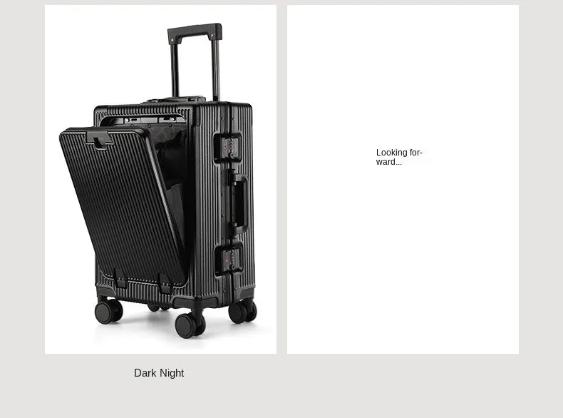 Suitcase Front Opening Pocket Aluminum Alloy Frame Rolling Luggage with USB Charging Plug Trolley Carry-on Case Bag with Wheel