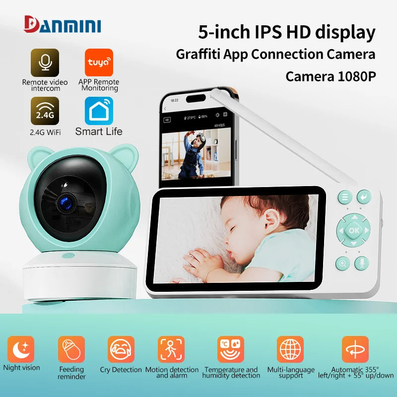 DANMINI 5" Tuya Smart Baby Monitor | 2K HD WiFi Remote Camera