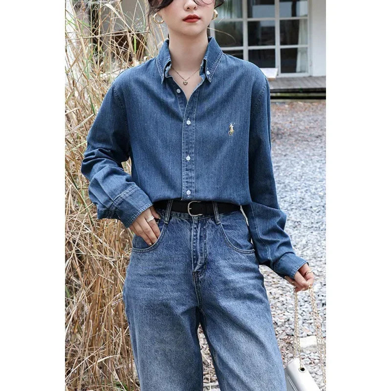 2024 American Style Vintage Denim Shirt Women's Zhengxiu Crystal Same Style  Embroidery Casual Jacket Shirt