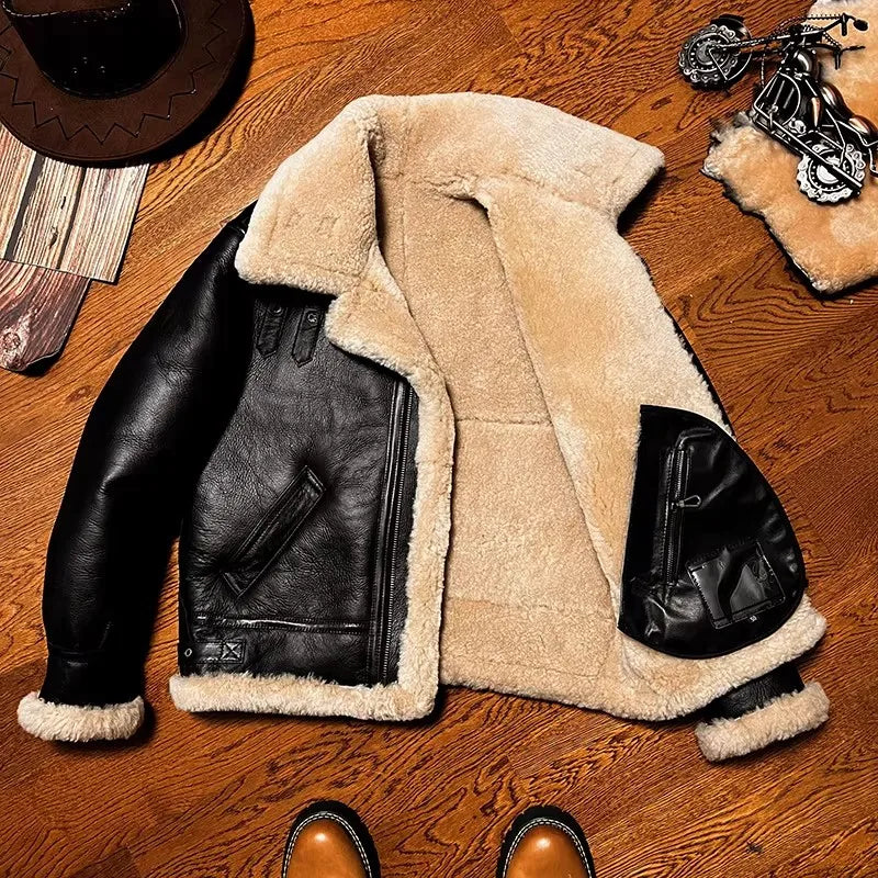 CC Shop Best.Mens High quality 100% real fur jacket.Classic B3 winter warm thick leather coat.narural sheepskin with wool.Thick