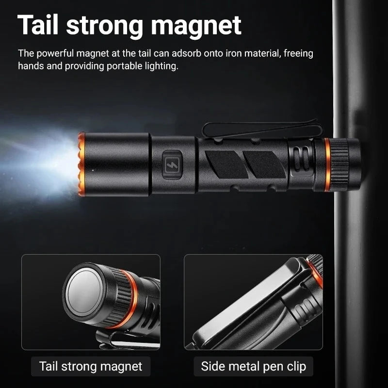 Zoom Mini EDC High Bright LED Pen Flashlight USB Rechargeable Magnet Small Torch Outdoor Camping Hiking Emergency lighting Light